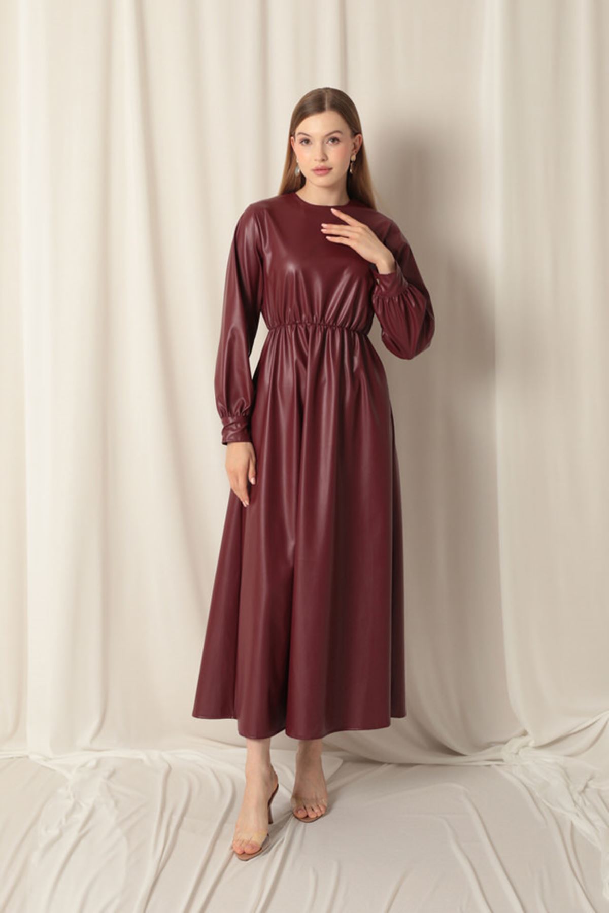 Deri Kumaş Kadın Bordo Elbise 