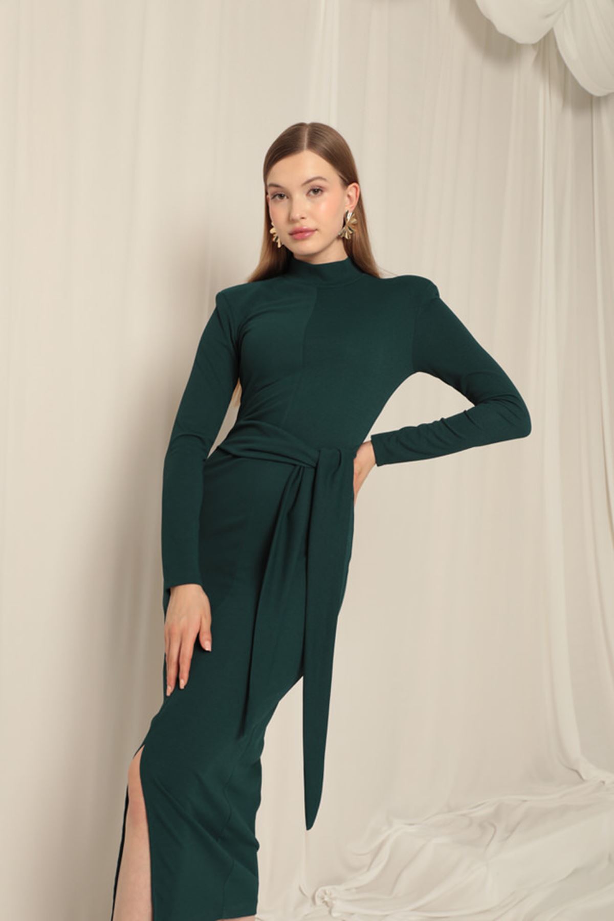 cocktail dress green emerald Emerald Green Strappy Back Sexy Slit Simple A-line Satin Dress main image 1