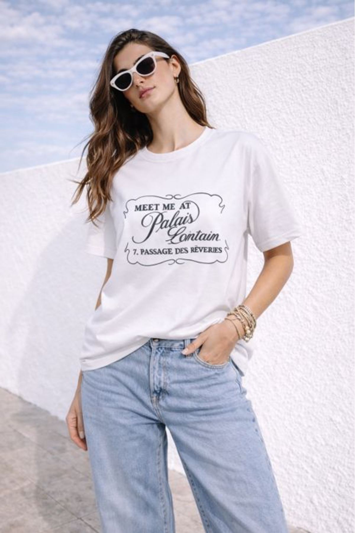Süprem Kumaş Oversize Baskılı Kadın Tişört-Beyaz