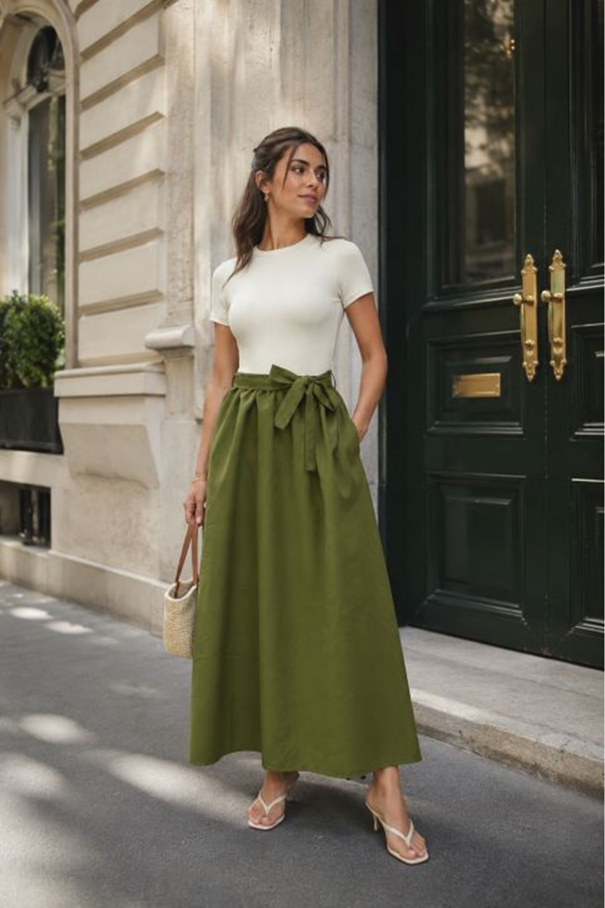 Ribana Kumaş Kısa Kol Kadın Garnili Elbise-Ekru-Yeşil