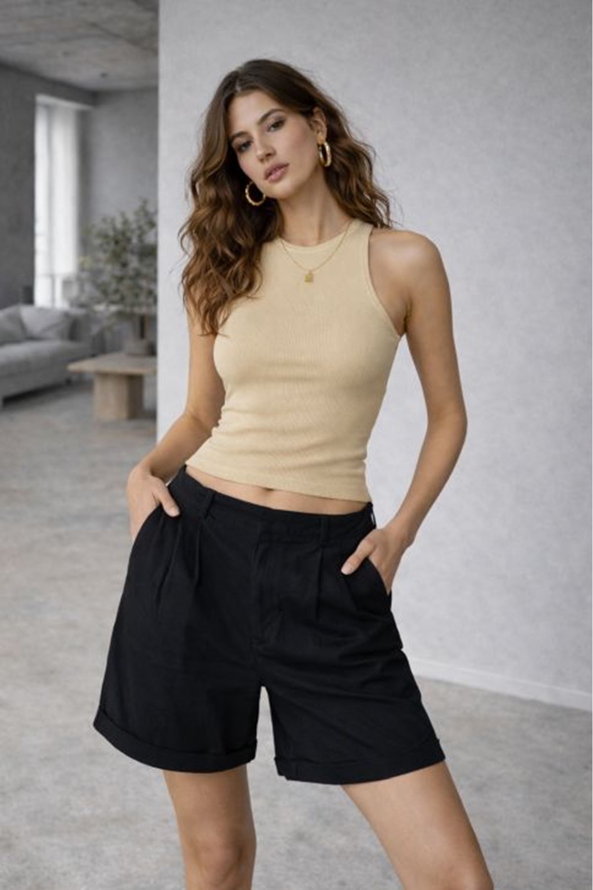 Ribana Kumaş Halter Kadın Body-Bej