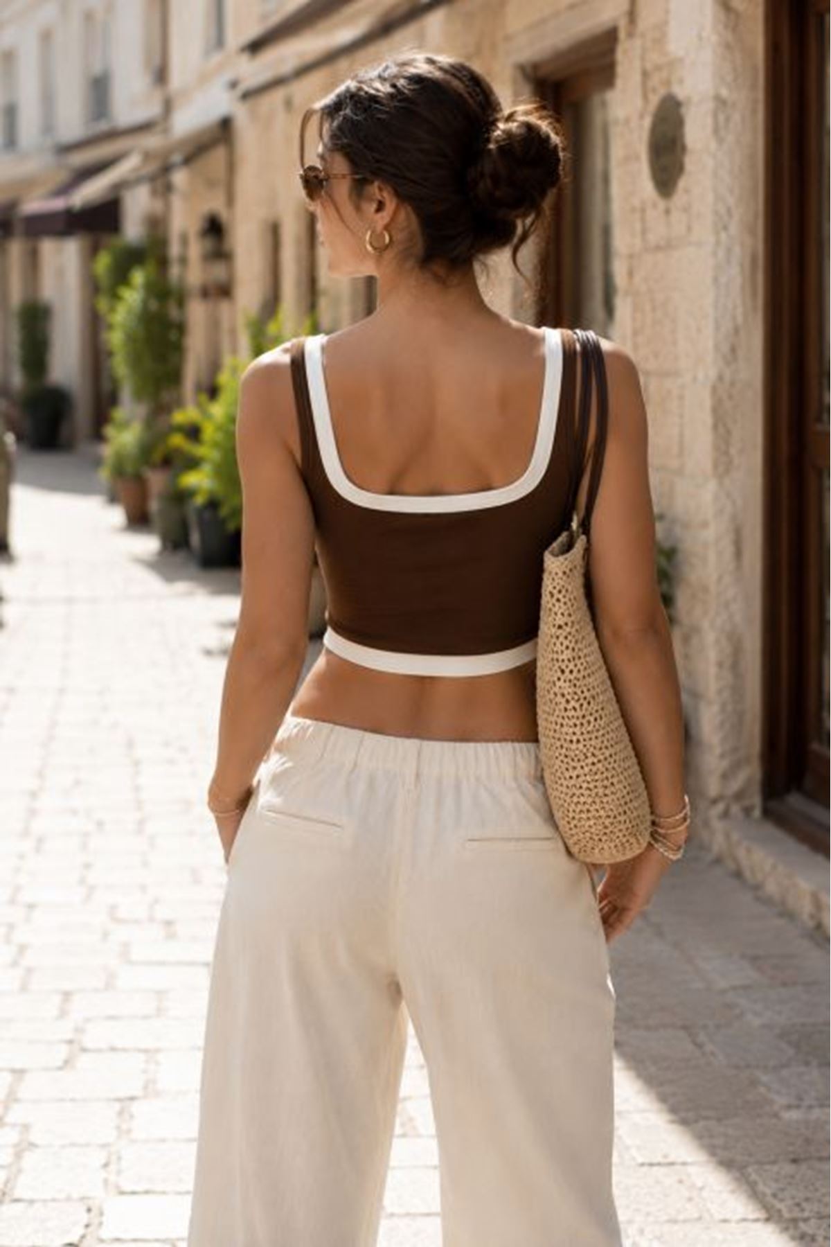 Ribana Kumaş Garnili Crop-KAHVE-BEJ