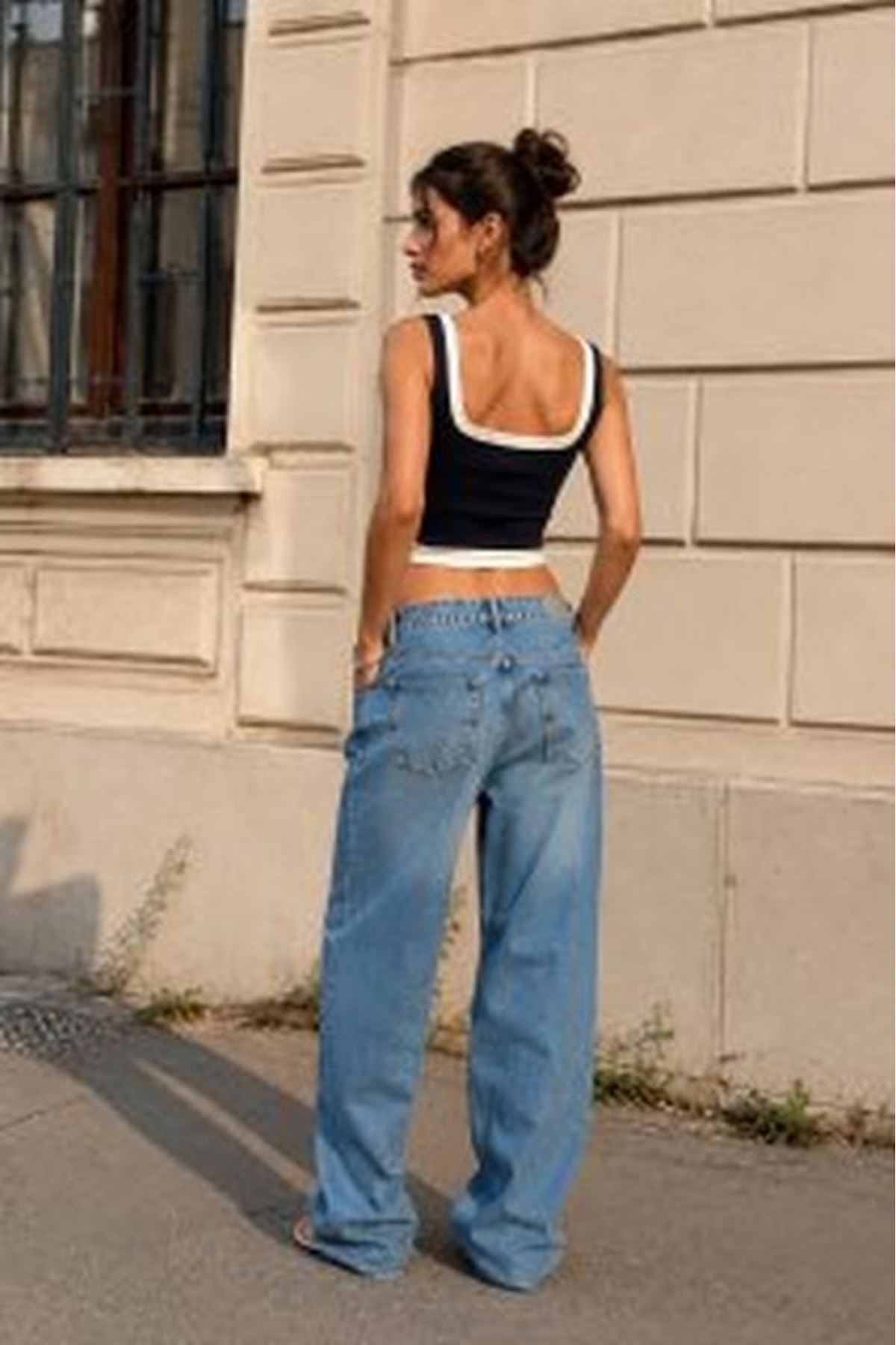 Ribana Kumaş Garnili Crop-LACİVERT-EKRU