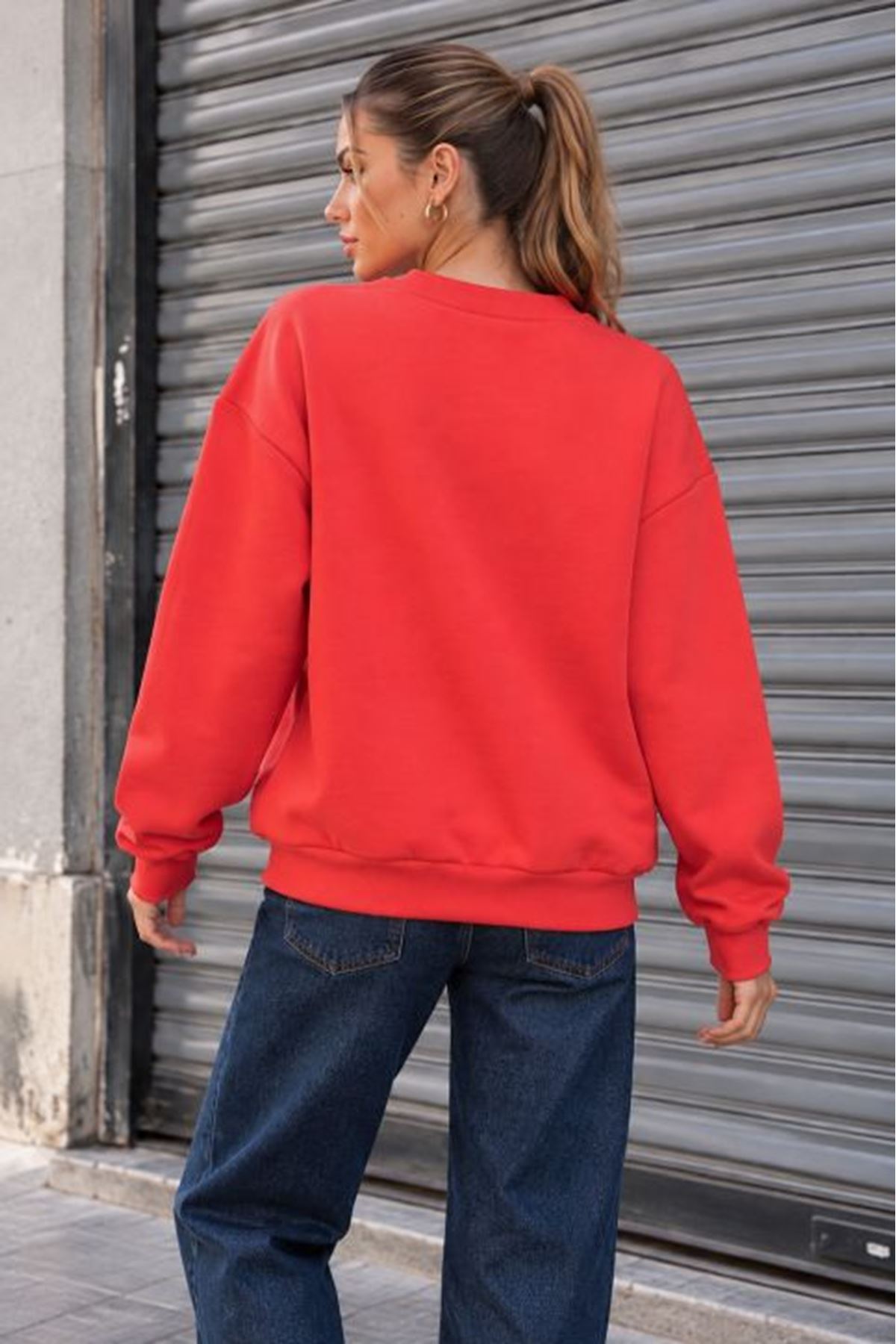 Üç İplik Basic Oversize Sweatshirt-Nar Çiçeği