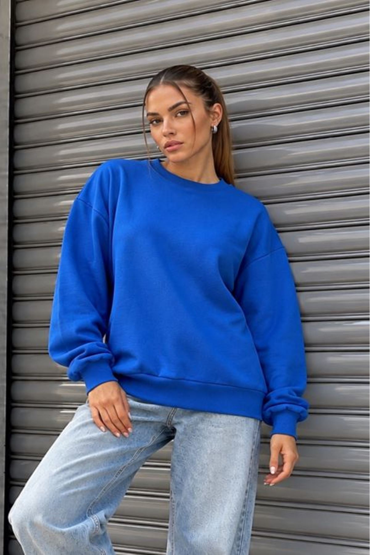 Üç İplik Basic Oversize Sweatshirt-İndigo