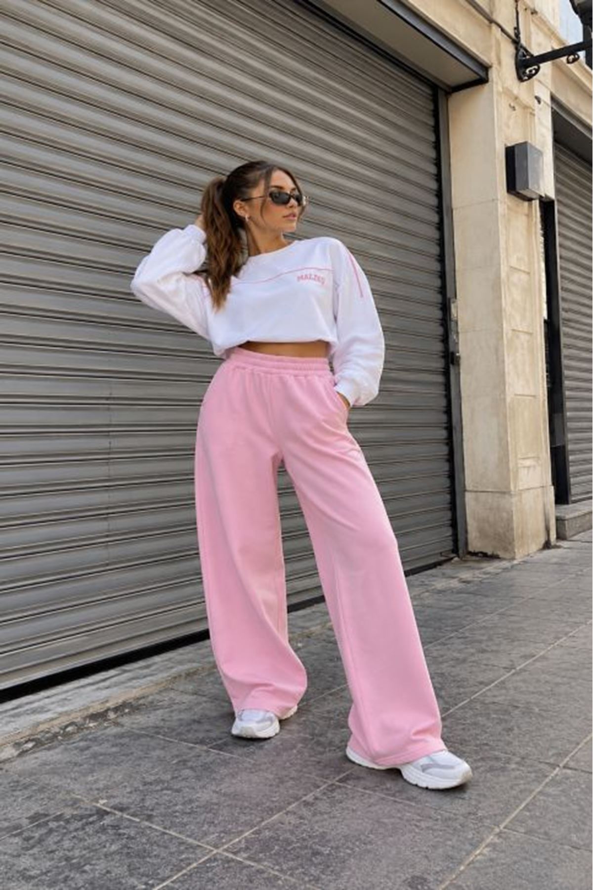 Üç İplik Beli Düz Eşofman-Pembe