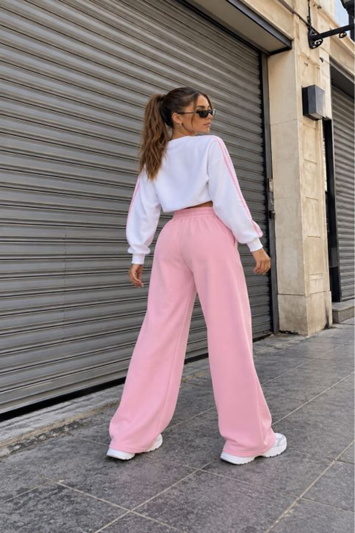Üç İplik Beli Düz Eşofman-Pembe