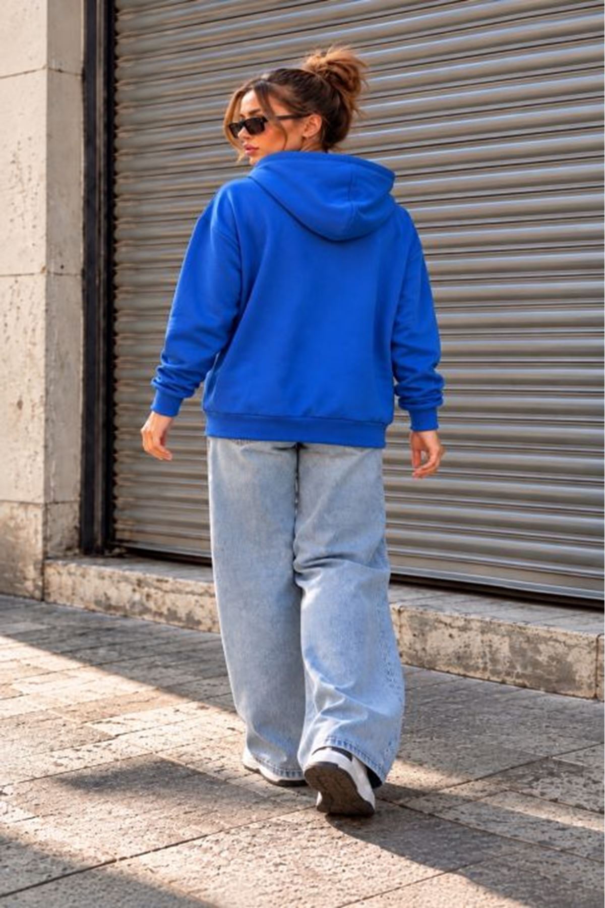 Üç İplik Kumaş Kapüşonlu Kanguru Cep Sweat-İndigo