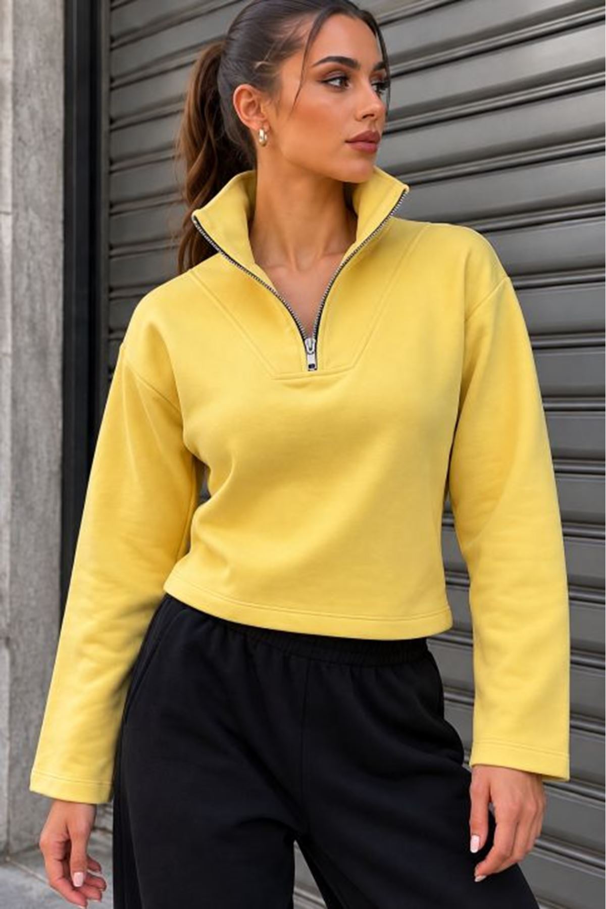 Üç İplik Kumaş Kadın Fermaurlı Sweat-Sarı