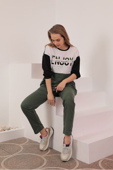 طقم نسائي خيطين القماش  ذو طبعة خاصة-اخضر غامق-