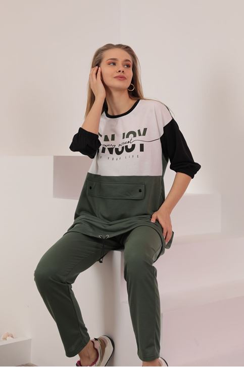 طقم نسائي خيطين القماش  ذو طبعة خاصة-اخضر غامق-