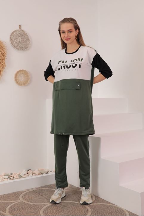 طقم نسائي خيطين القماش  ذو طبعة خاصة-اخضر غامق-