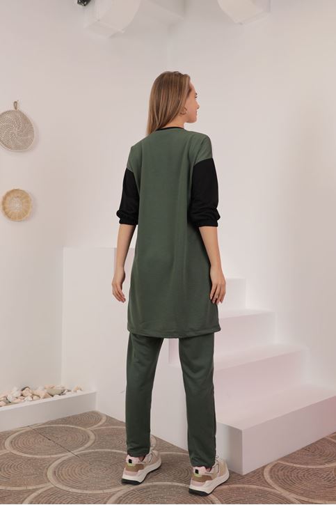 طقم نسائي خيطين القماش  ذو طبعة خاصة-اخضر غامق-