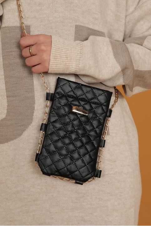 Deri Kapitone Çıtçıtlı Çapraz Kadın Çanta-Siyah