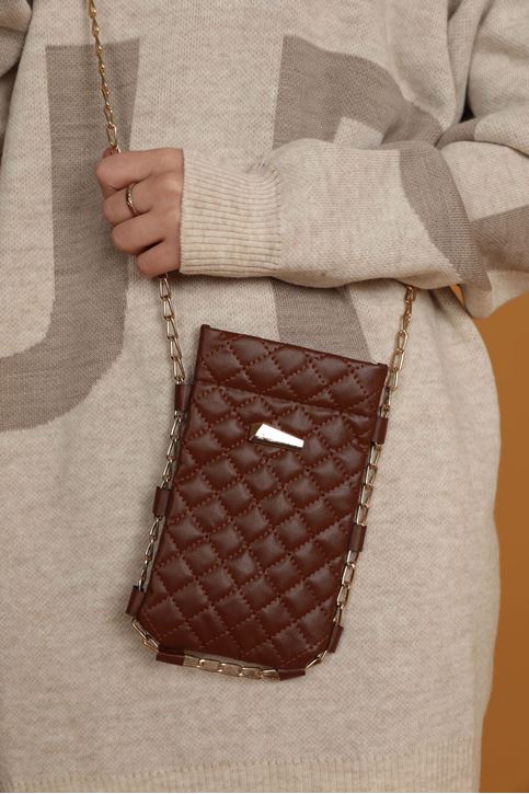 Deri Kapitone Çıtçıtlı Çapraz Kadın Çanta-Taba