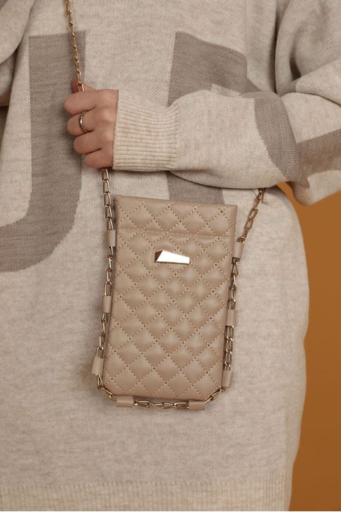 Deri Kapitone Çıtçıtlı Çapraz Kadın Çanta-Vizon