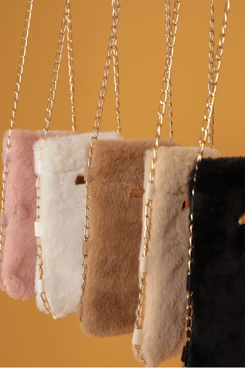 Peluş Kadın Çıtçıtlı Çapraz Çanta-Vizon