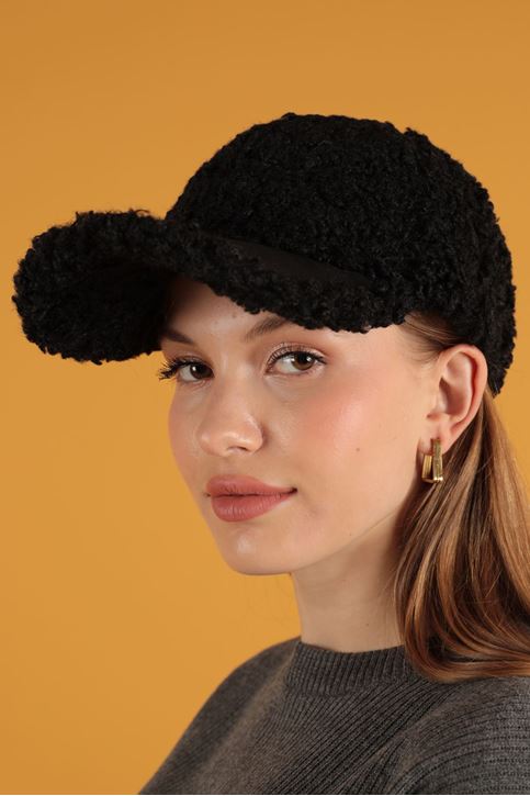 Kıvırcık Peluş Kep-Siyah