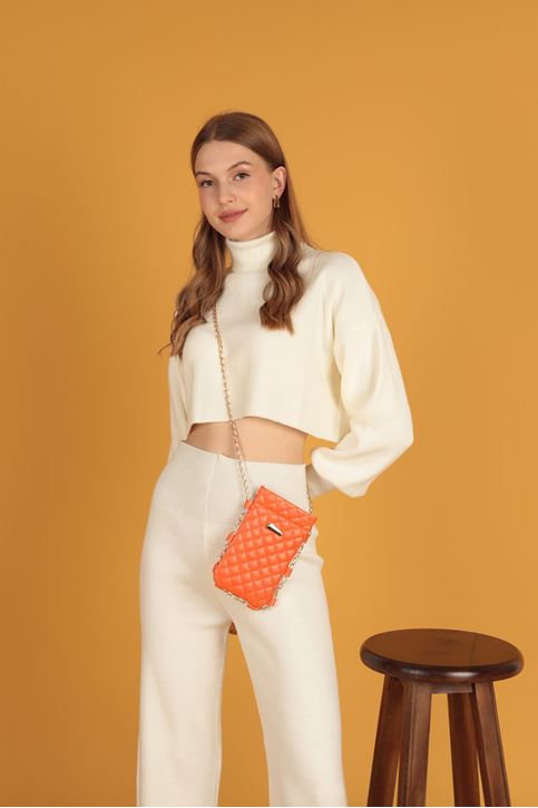 Deri Kapitone Çıtçıtlı Çapraz Kadın Çanta-Oranj