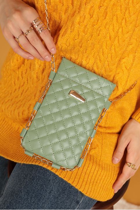 Deri Kapitone Çıtçıtlı Çapraz Kadın Çanta-Yeşil