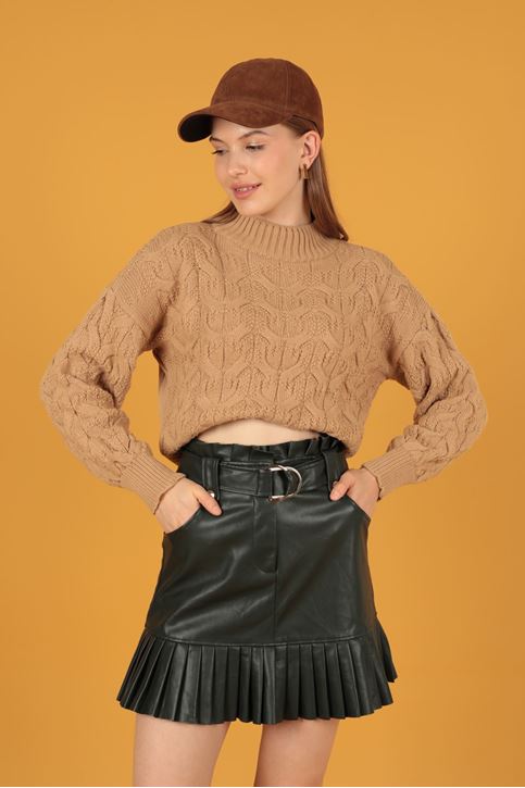 Örgü Desen Kadın Triko Kazak-Camel