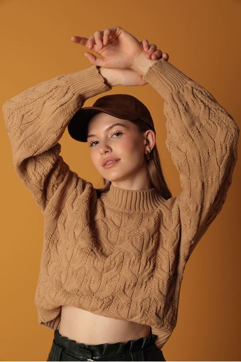 Örgü Desen Kadın Triko Kazak-Camel