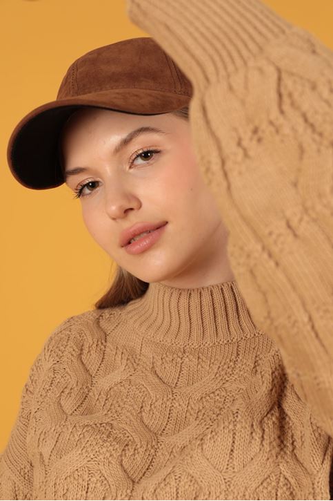 Örgü Desen Kadın Triko Kazak-Camel