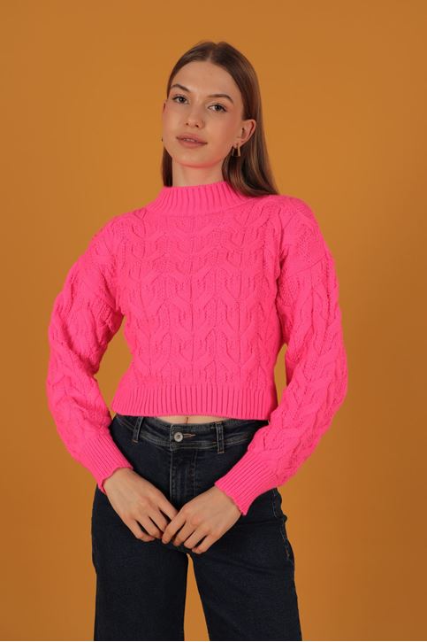 Örgü Desen Kadın Triko Kazak-Pembe