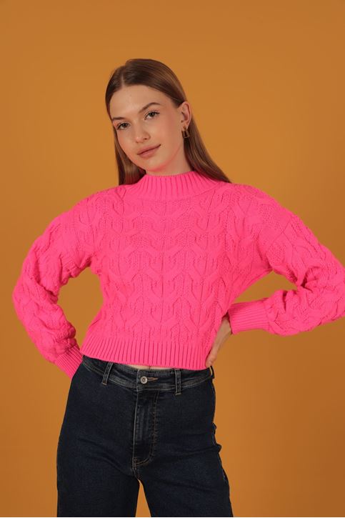 Örgü Desen Kadın Triko Kazak-Pembe