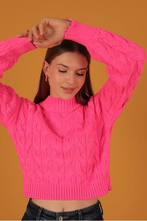 Örgü Desen Kadın Triko Kazak-Pembe