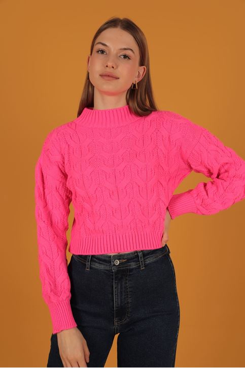 Örgü Desen Kadın Triko Kazak-Pembe