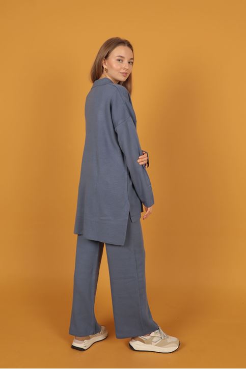 Gömlek Yakalı Kadın Triko Takım-İndigo