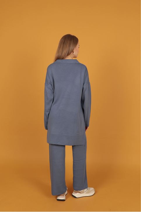 Gömlek Yakalı Kadın Triko Takım-İndigo