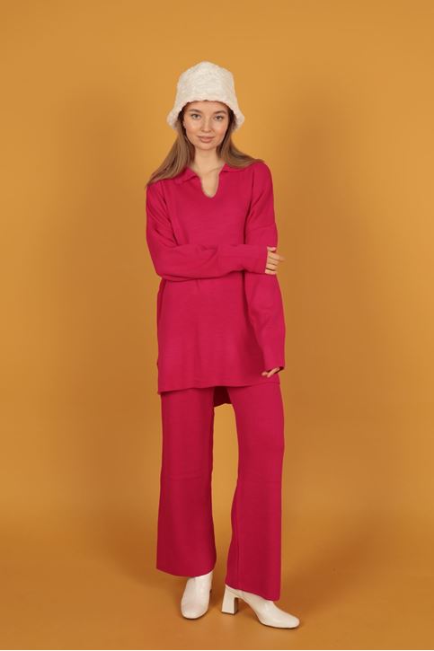 طقم نسائي تريكو  بياقة القميص-فوشي