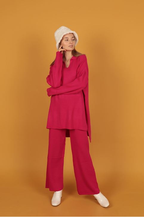 طقم نسائي تريكو  بياقة القميص-فوشي