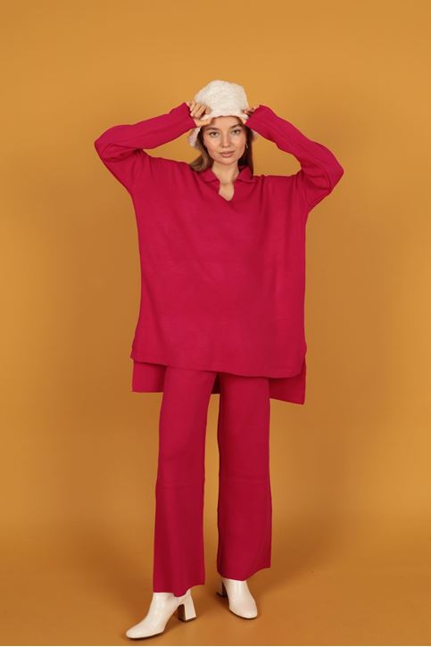 طقم نسائي تريكو  بياقة القميص-فوشي