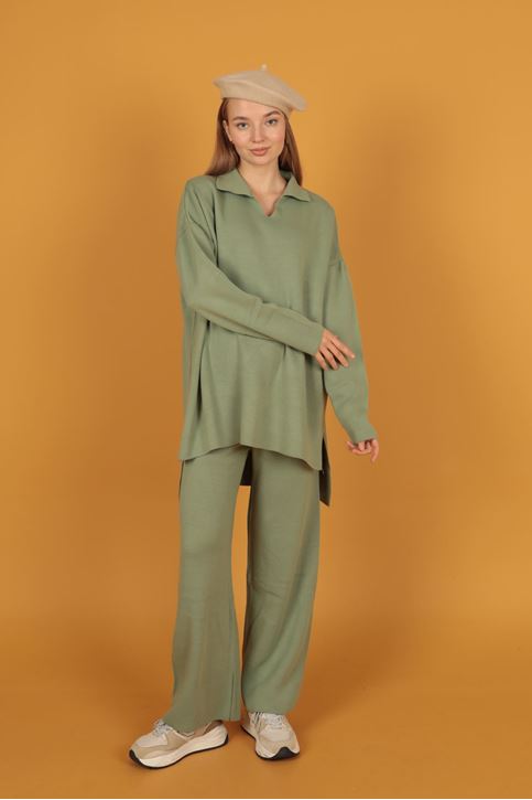 Gömlek Yakalı Kadın Triko Takım-Mint