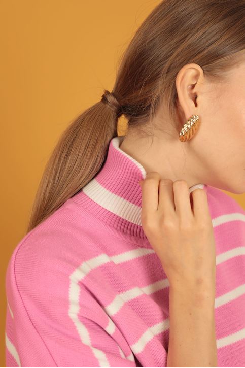 الياقة المدورة سترة مخططة المرأة-زهري