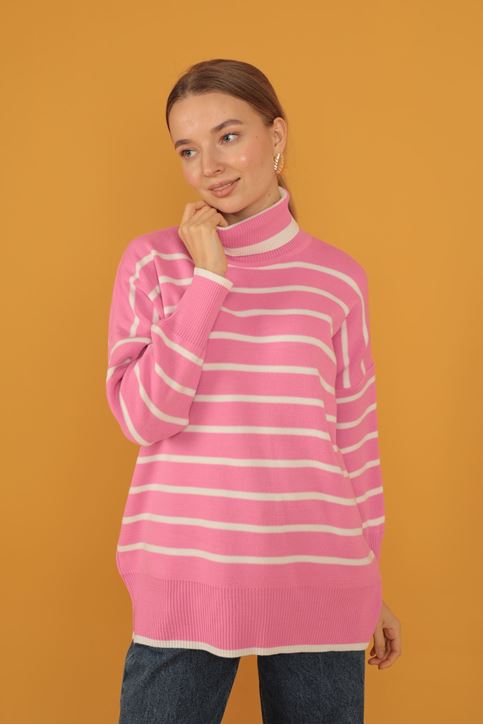 الياقة المدورة سترة مخططة المرأة-زهري