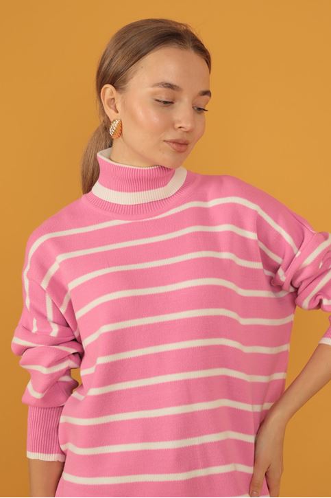 الياقة المدورة سترة مخططة المرأة-زهري