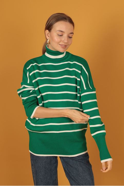 الياقة المدورة سترة مخططة المرأة-اخضر