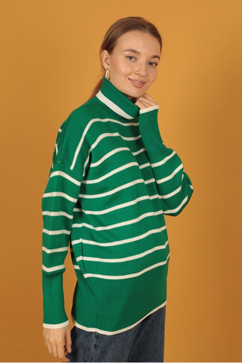 الياقة المدورة سترة مخططة المرأة-اخضر