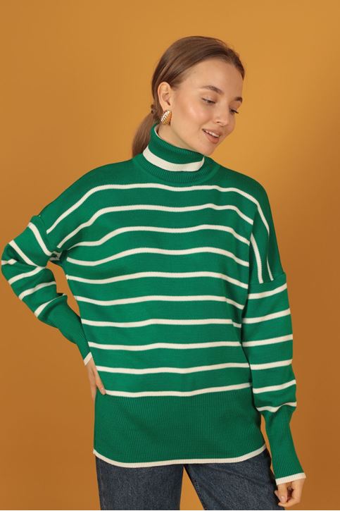 الياقة المدورة سترة مخططة المرأة-اخضر