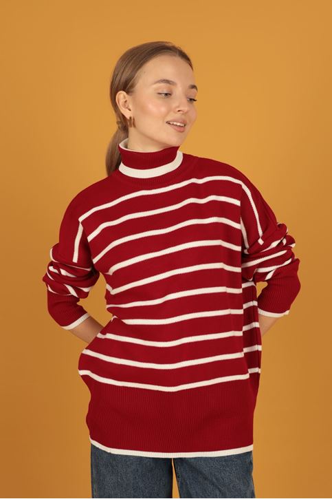 الياقة المدورة سترة مخططة المرأة-أحمر