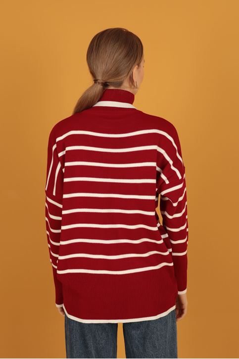 الياقة المدورة سترة مخططة المرأة-أحمر