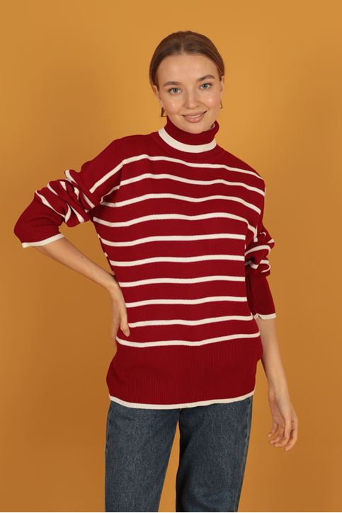 الياقة المدورة سترة مخططة المرأة-أحمر