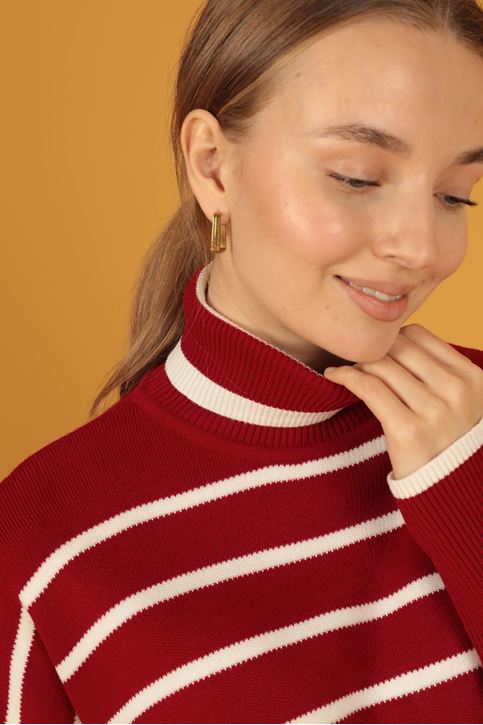 الياقة المدورة سترة مخططة المرأة-أحمر