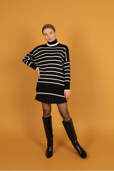 الياقة المدورة سترة مخططة المرأة-اسود