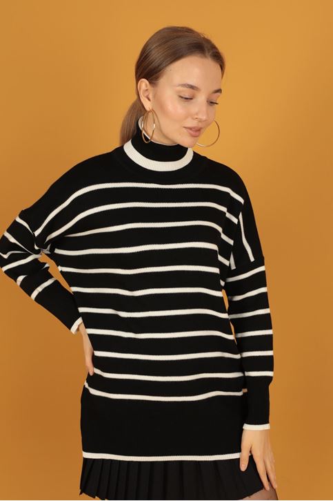 الياقة المدورة سترة مخططة المرأة-اسود