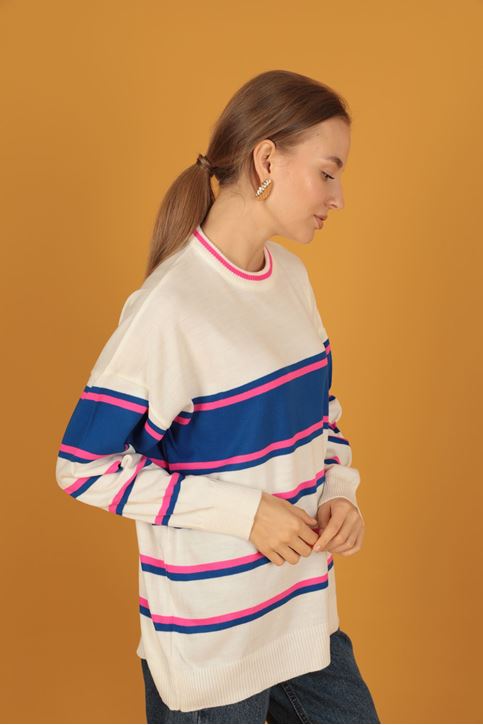 Çizgili Triko Kadın Kazak-Ekru-Saks